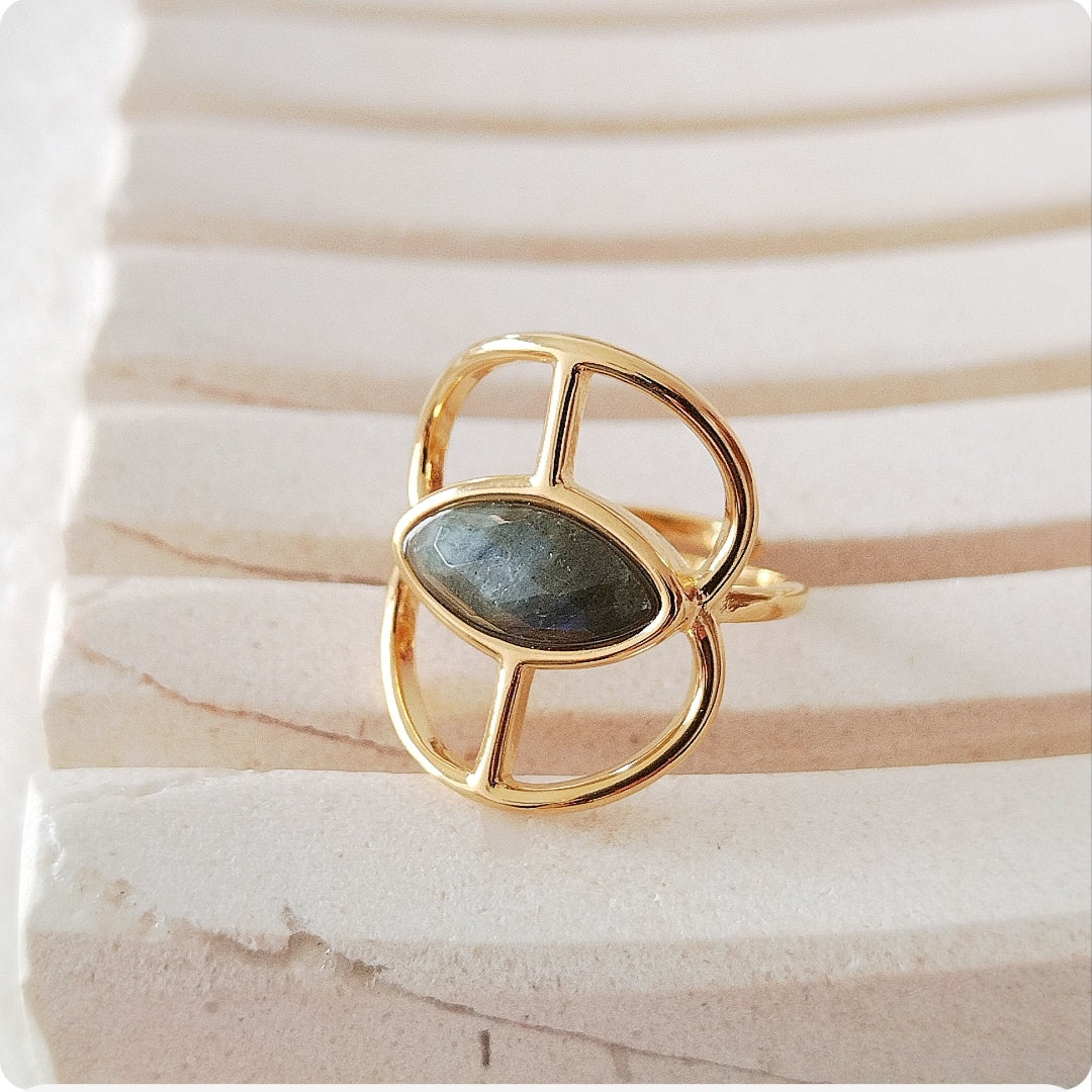 Bague pierre anthracite et double aile